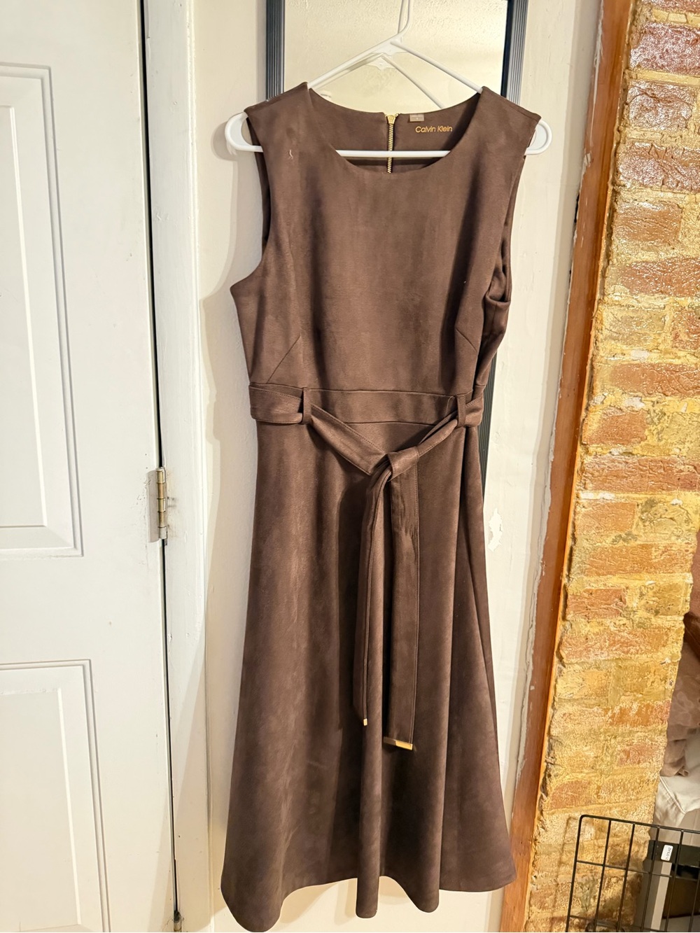 Calvin Klein Brown Faux Suede Belted Midi Dress – Size 12